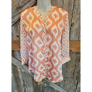 Chicos ikat orange southwestern style button up Lightweight top sz 1 (M) medium